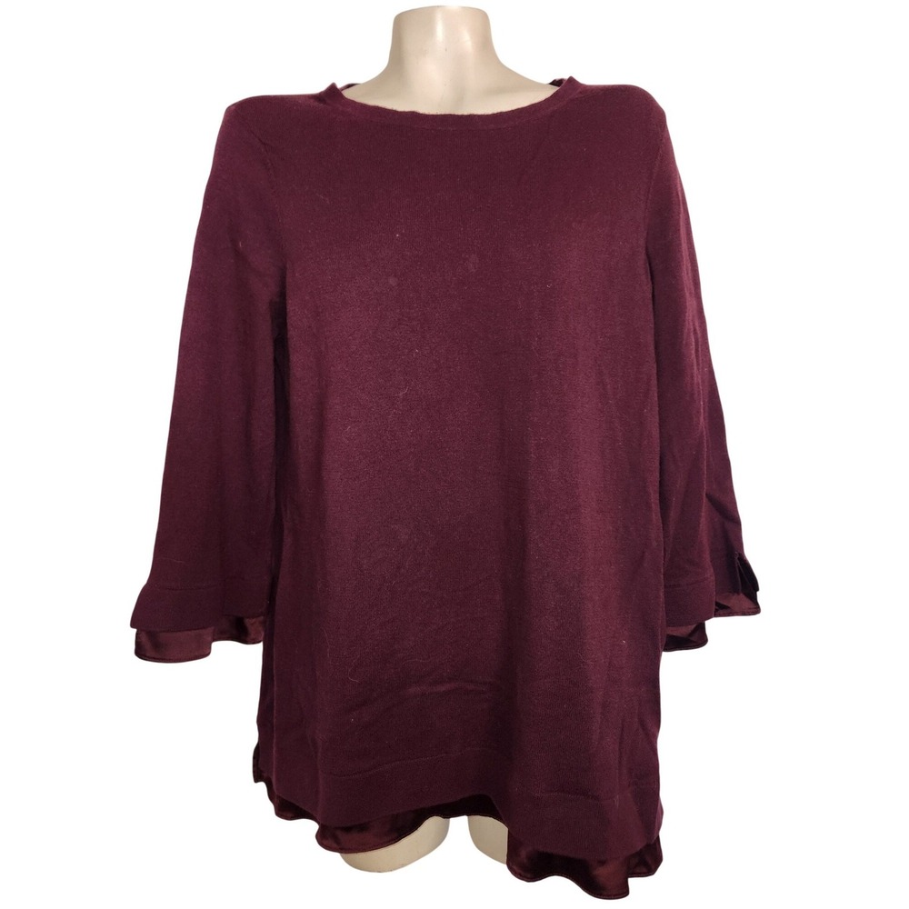 Chicos Burgundy Knit Tunic Sweater Satin Trim 3/4 Sleeve Size 3 XL officecore